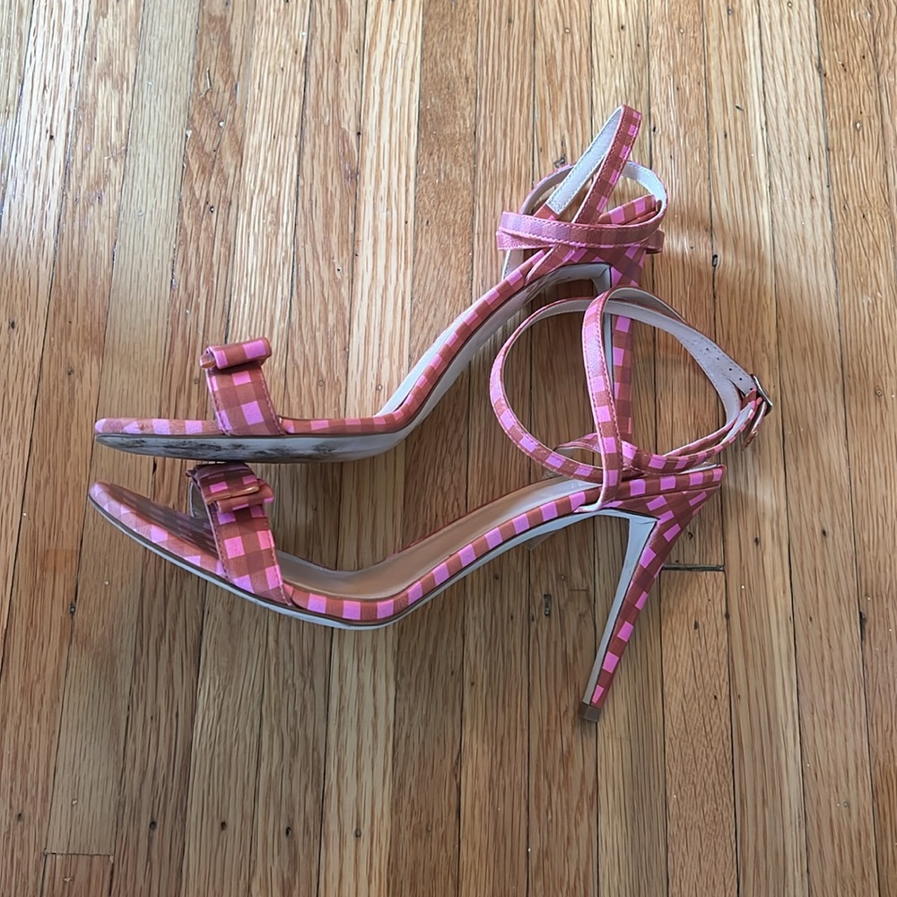 J.Crew Pink Gingham Print Leather Strappy High Heel Sandals with Bow, Size 8.5 - Picture 4 of 10
